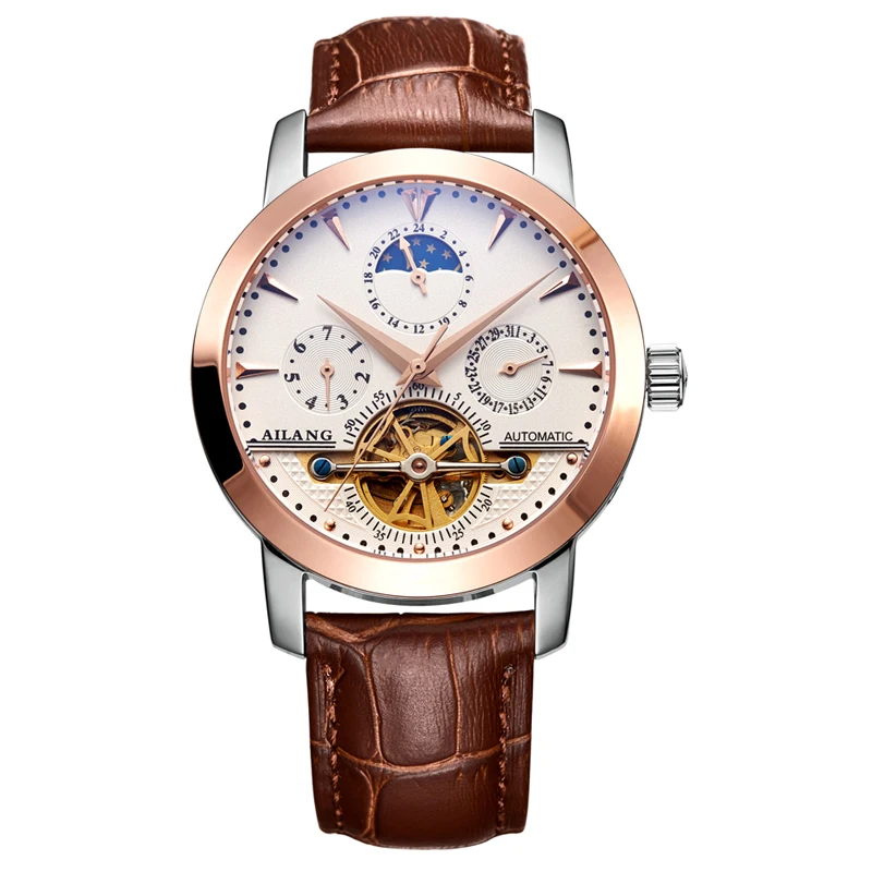 

AILANG 2606 Switzerland watches men luxury brand automatic moon phase hollow tourbillon leather Gold white relogio masculino