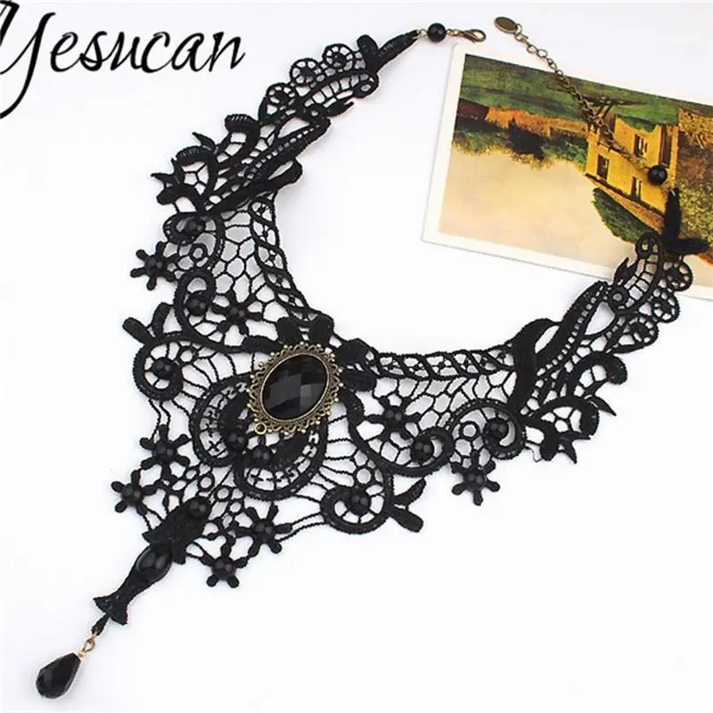 

Yesucan Gothic Exaggeration Necklace Hot Women Black Lace Beads Choker Victorian Steampunk Style Fashion Jewelry