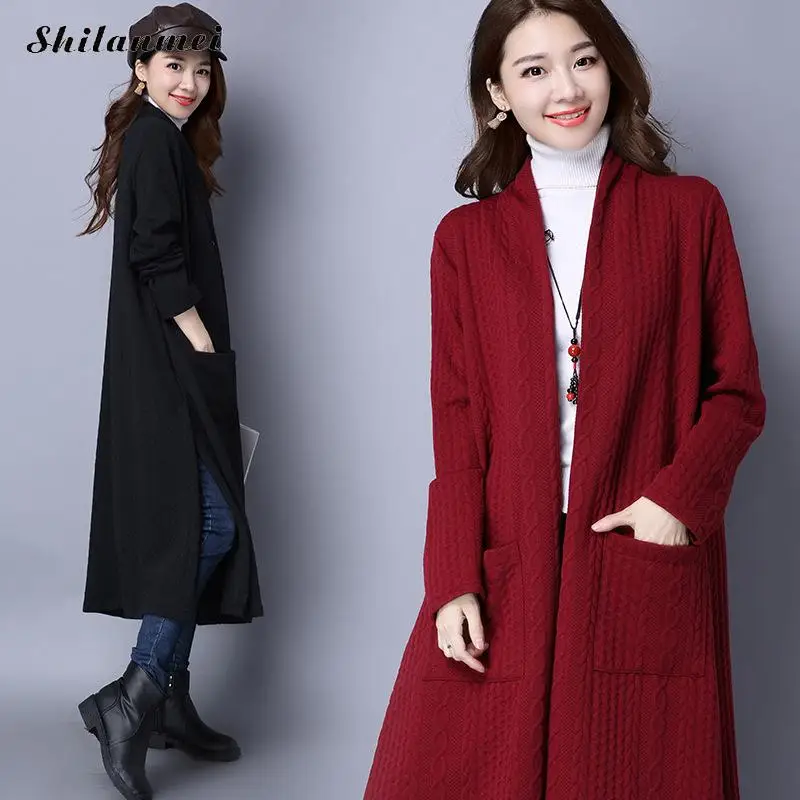 

2018 Women Long Cardigans Autumn Winter Open Stitch Poncho Wool Knit Sweater Cardigans Pocket Warm Female Cardigan Jacket Coat