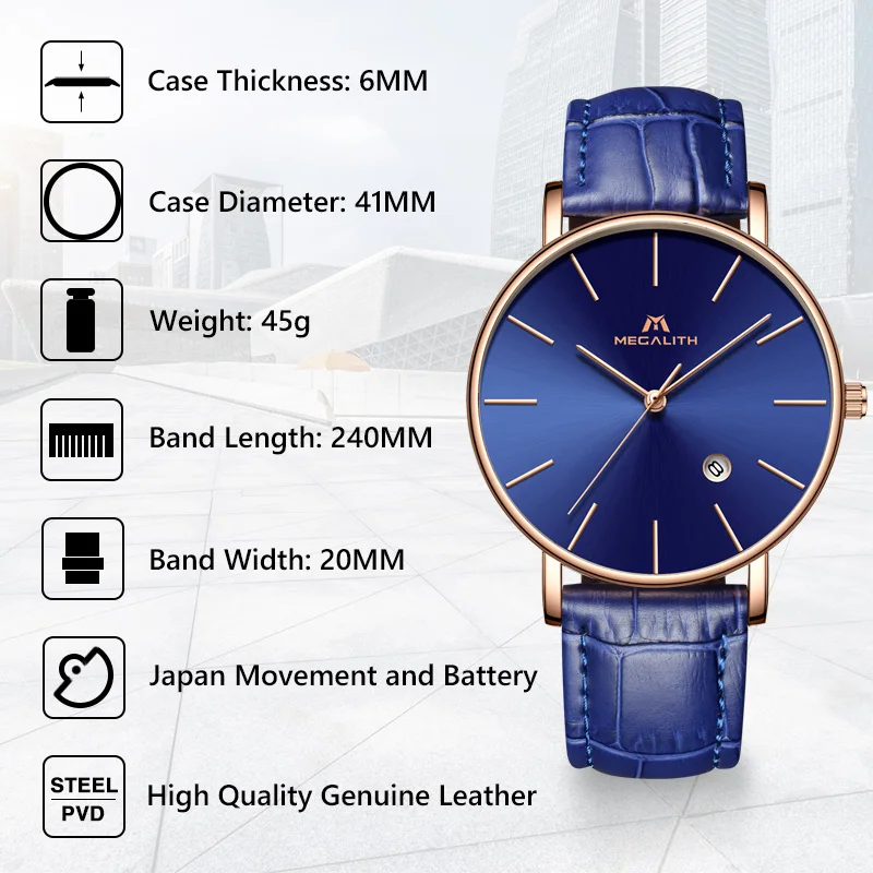 MEGALITH часы для мужчин Relojes Para Hombre водонепроницаемые кварцевые с датой Мужские