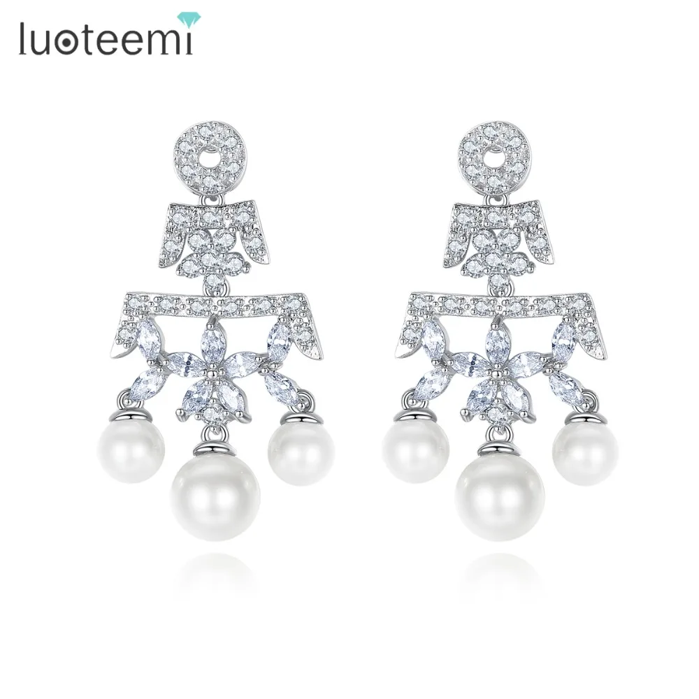 

LUOTEEMI New Fashion Ladies Jewelry Tiny CZ Pave with Imitation Pearls Drop Earrings Zircon Flower Leaves Patchwork Holiday Gift