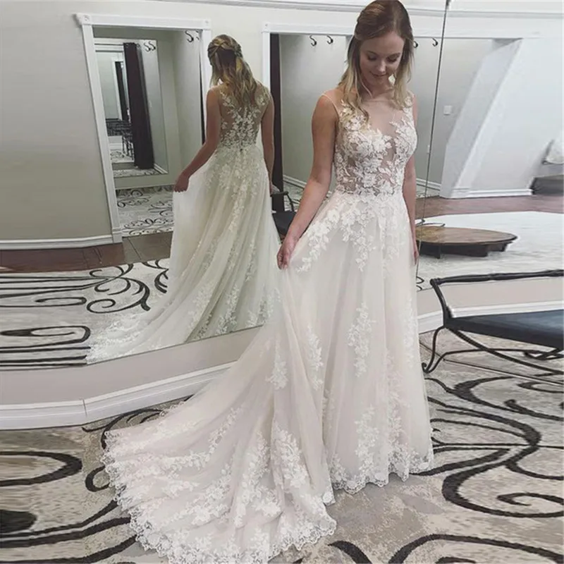 

Princess Wedding Dresses 2019 Scoop Neck Appliques Lace A-line Tulle Bridal Gown Button Back Vestidos de Noivas Plus Size New