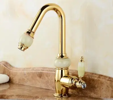 Модный высококачественный нефритовый Однорычажный золотой кран для горячей и холодной раковины для ванной комнаты с душевой насадкой - Цвет: gold basin faucet