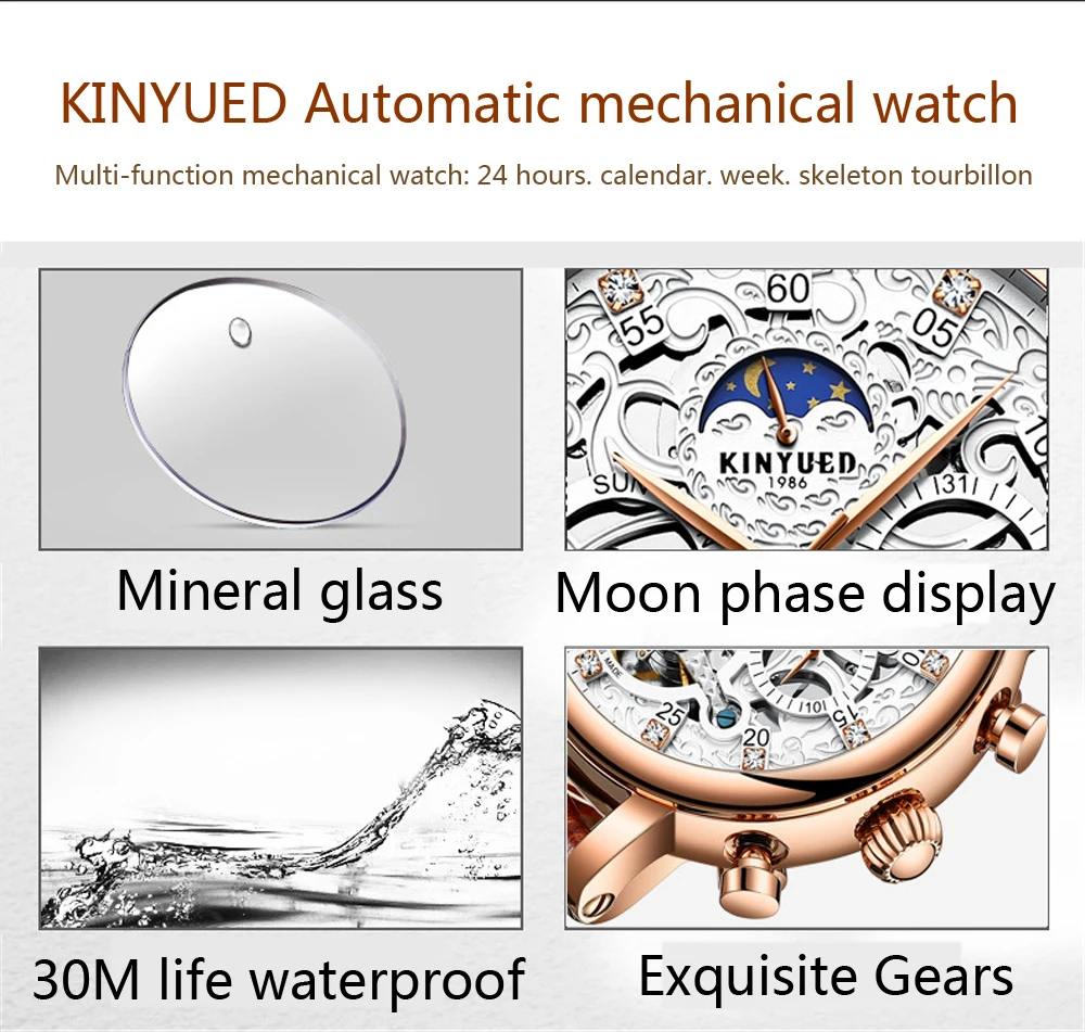 KINYUED повседневные часы с бриллиантовым дисплеем Tourbillion для мужчин Moon Phase