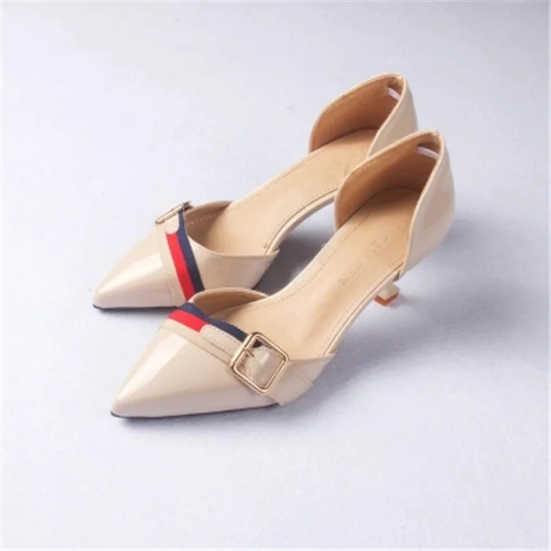 

2018 new shallow mouth pointed patent leather nude color heels with sexy cat with hollow shoes