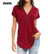 SHUJIN, женская футболка с коротким рукавом, весна-лето, повседневная, на молнии, с v-образным вырезом, футболки,, Женская туника, топ, одежда, Camiseta Mujer
