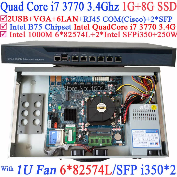 Quad Core i7 3770 1U Network Firewall Router with 6*1000M 82574L Gigabit Nics 2* intel i350 SFP 1G RAM 8G SSD