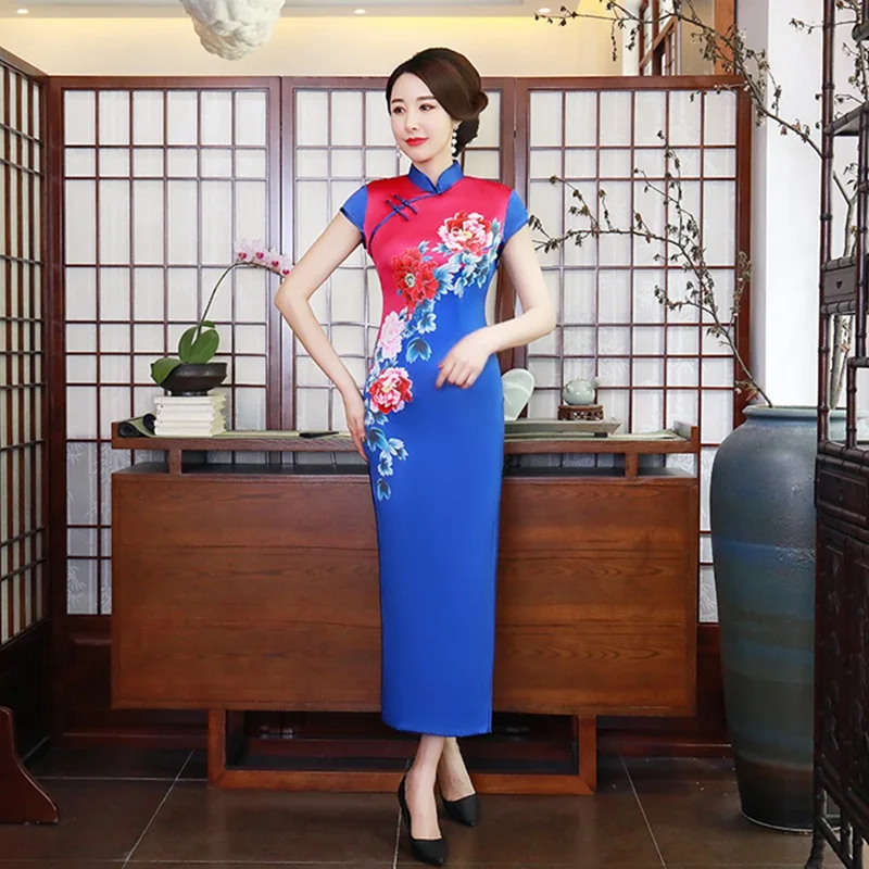 2019 Cheongsam Атлас печати Qipao платье Винтаж улучшилось осень Традиционный китайский длинные платья Мать Вечерние свадебное платье