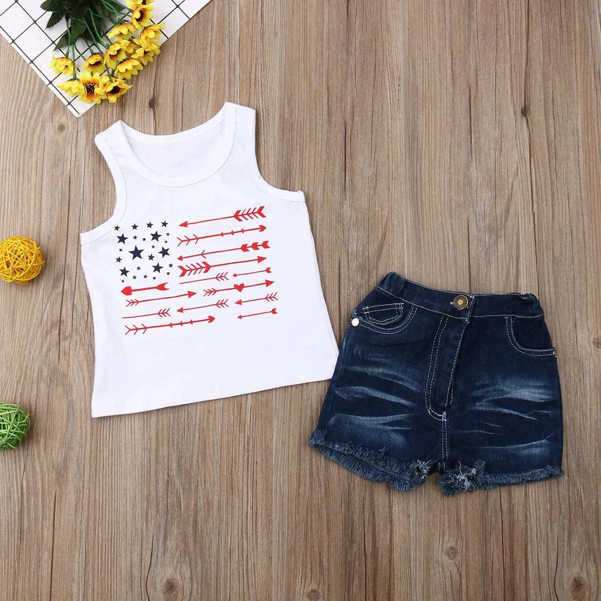  Pudcoco 2PCS Toddler Baby Kids Girl Cotton Sleeveless Vest T-shirt + Shorts Jeans Pants Summer Outf