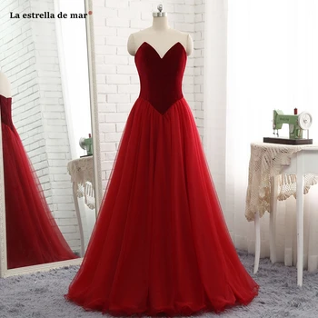 

La estrella de mar robe de bal longue 2019 sexy sweetheart velvet tulle backless A Line Burgundy galajurken plus size gala dress