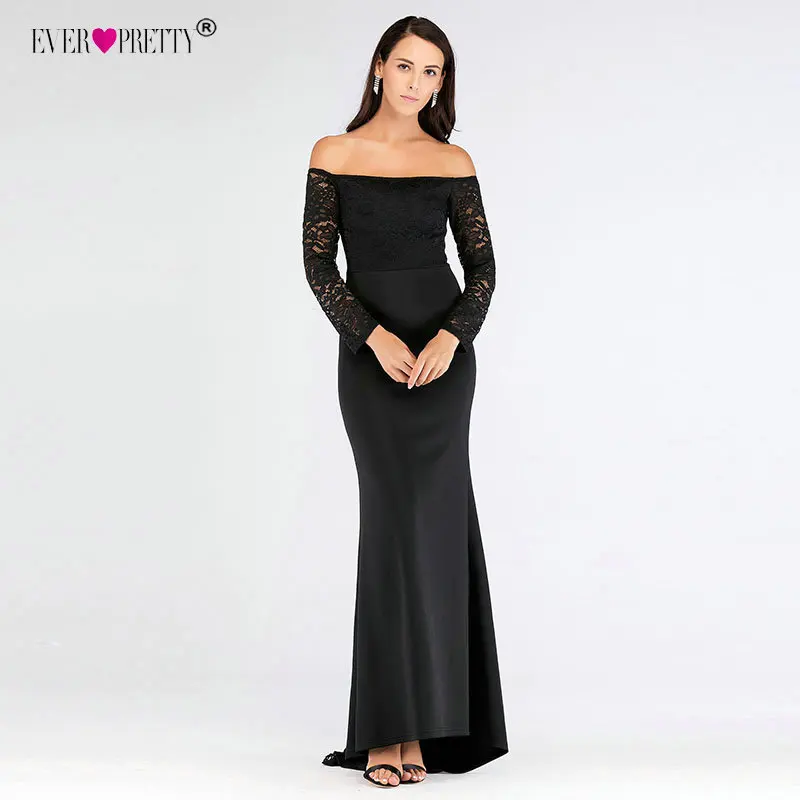 Черное вечернее платье с длинным рукавом Ever Pretty EZ07611 элегантные длинные вечерние платья с открытыми плечами и шлейфом Robe De Soiree