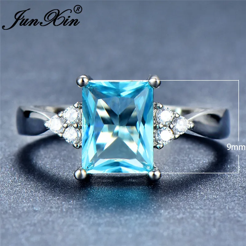 JUNXIN Princess Cut Stone Rainbow Fire Zircon Wedding Rings For Women 925 Silver Filled Square Aqua Blue Birthstone Ring Female