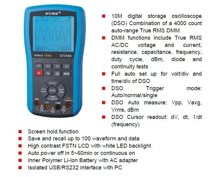 Ew ET310A Ручной цифровой осциллограф 10 м ширина полосы 1CH 50 мс/с TRMS мультиметр