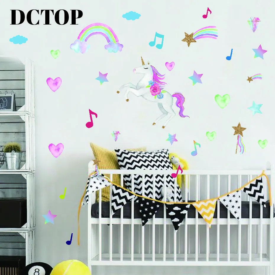 

Pretty Flower Unicorn dance with music Stickers Stars Rainbow Cloud Wall Decal for Children's Kids Room Bedroom Home Decor Mural