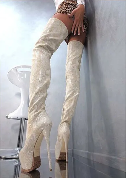 Senior custom women winter leather thigh high boots round toe sexy platform 16CM high heel boots python printed shoes woman