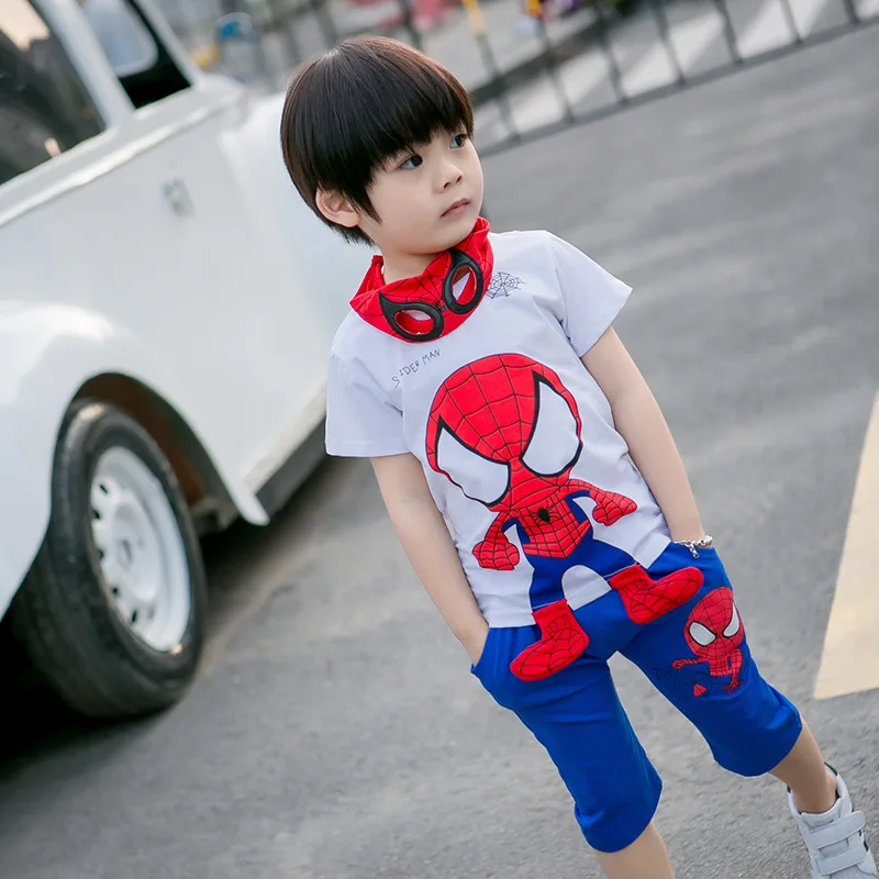 Лидер продаж, комплекты летней детской одежды костюм для отдыха футболка с рисунком Человека-паука+ штаны костюм на Хэллоуин подарок на день рождения для детей от 1 до 7 лет
