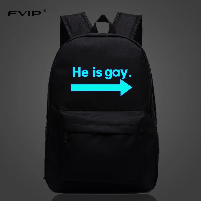 

FVIP HE IS GAY Letter Print Spoof Funny Backpack Novelty Personalized School Bag for Student Young