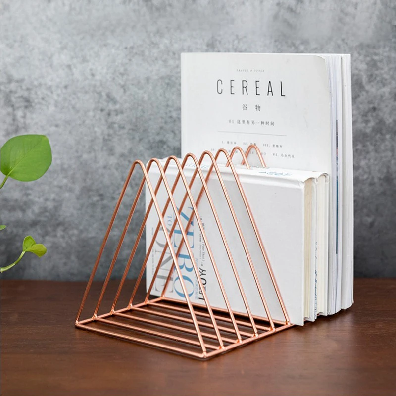 

Triangular Metal Table Storage Shelf Rose Gold Nordic Desk Storage Basket Magazine Paper Documents Organizer Home Decor