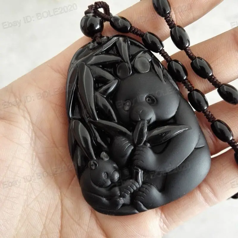 

free shipping Natural Black Obsidian Hand Carved Cute Bamboo Panda Lucky Pendant Necklace