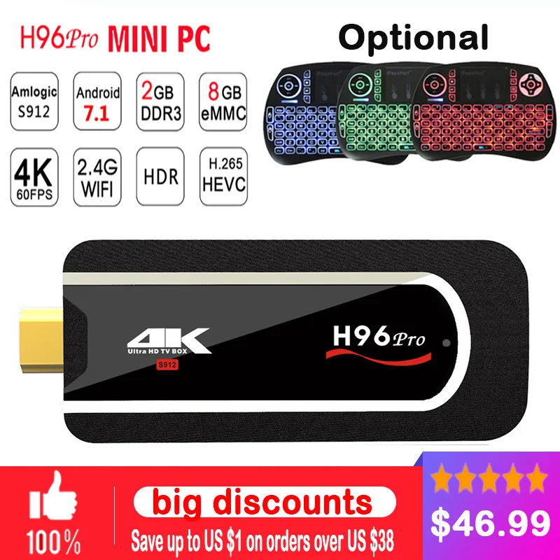 

H96 Pro mini pc Android 7.1 TV BOX Smart TV dongle Amlogic S912 Octa Core 2G 8G H.265 4K HDMI 2.0 small Media Player tv stick