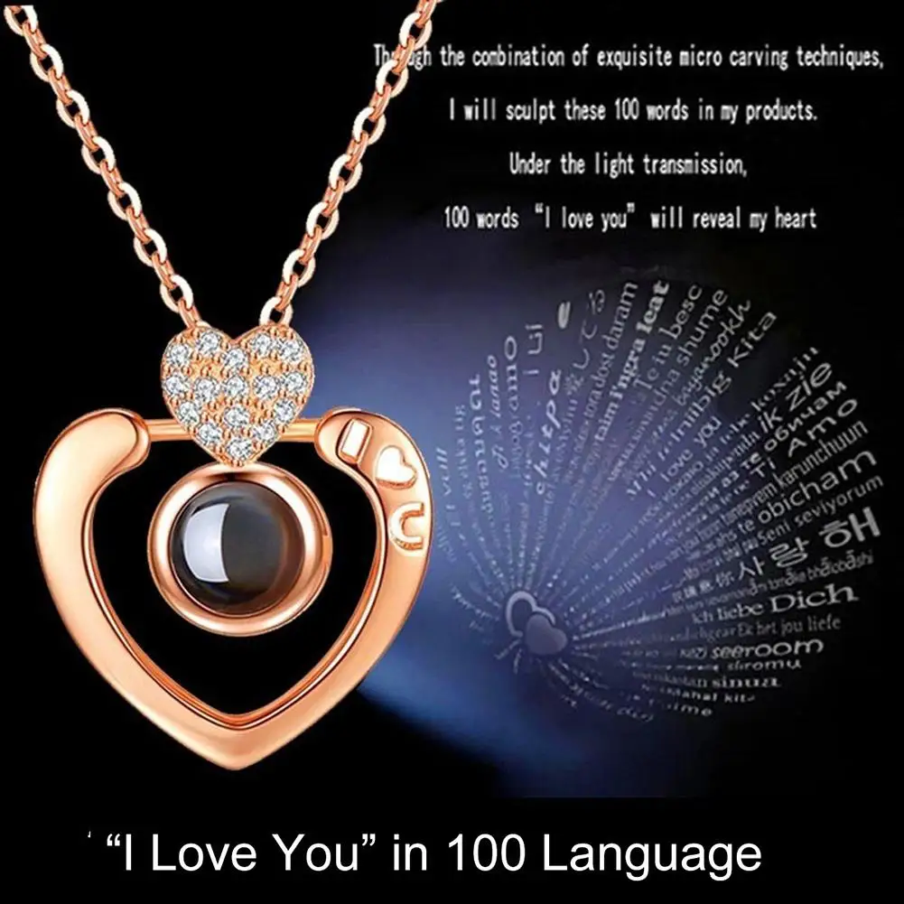 

I Love You 100 Languages Light Projection Round/Heart Pendant Necklace Jewelry