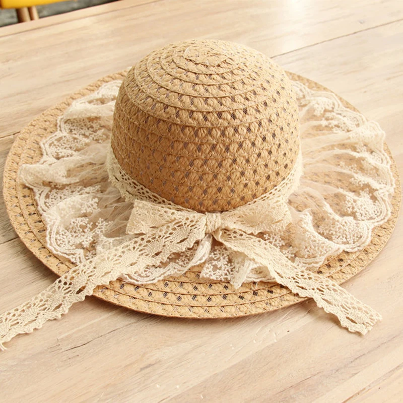 Women Lace Sun Hats For Wide Brim Straw Beach Side Cap Floppy Female Straw Hat Lace Solid Fringe Straw Hat Summer Hat Chapeu