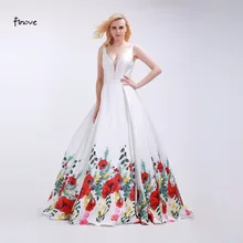Finove White Prom Dresses Sexy Big V Neck 2016 Fashionable Red Flowers Pattern Sleeveless and Backless