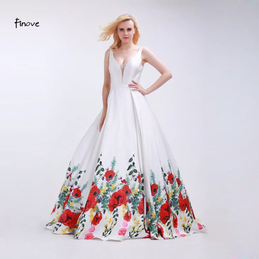Por White Flower Prom Dress Finove White Prom Y V Neck 2017 Fashionable Red Flowers Pattern Sleeveless And