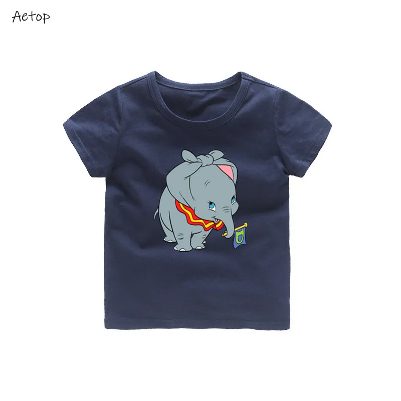 Футболка с забавным рисунком слона Дамбо, детские летние топы с круглым вырезом, футболка для маленьких девочек, повседневная детская одежда - Цвет: deep blue 1