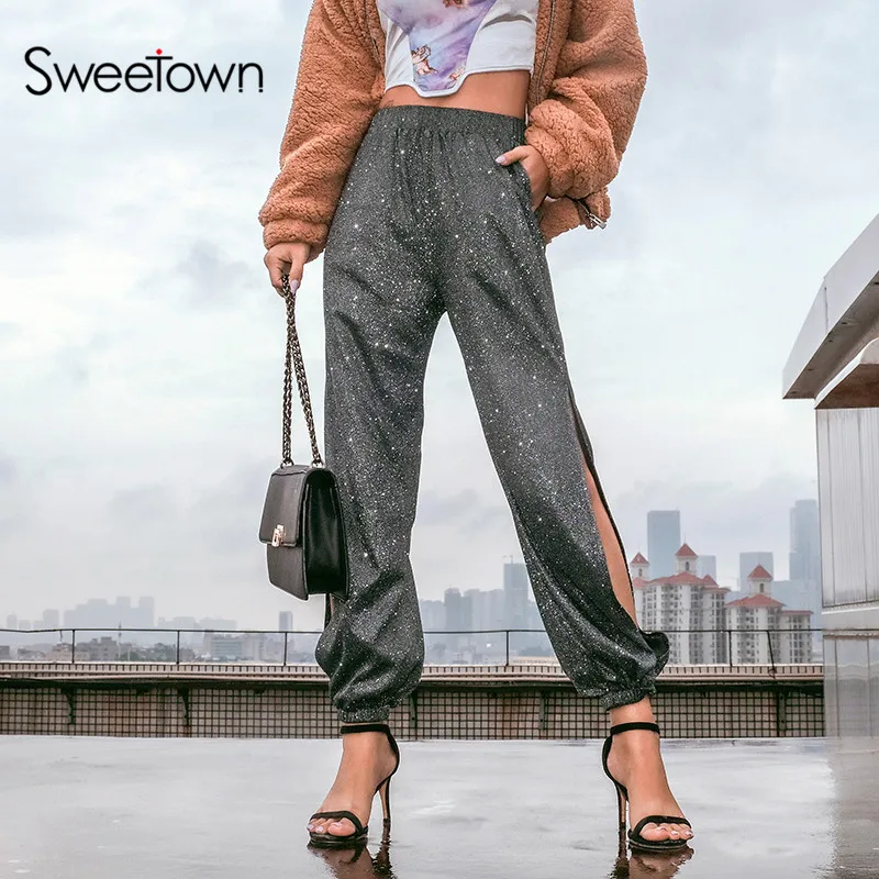 Темно серые блестящие уличные танцевальные брюки Sweetown женские спортивные и