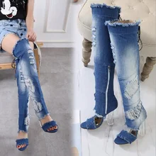 Новая летняя Прозрачная женская обувь на очень высоком каблуке с открытым носком в винтажном стиле с перекрестной шнуровкой джинсовые ботфорты на шнуровке 20181213