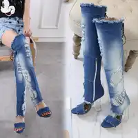 ฤดูร้อนใหม่ Clear Super รองเท้าส้นสูง Peep Toe Vintage Cross ผูกรองเท้าผู้หญิง Denim เข่าสูงลูกไม้ - ยาวรองเท้า 20181213