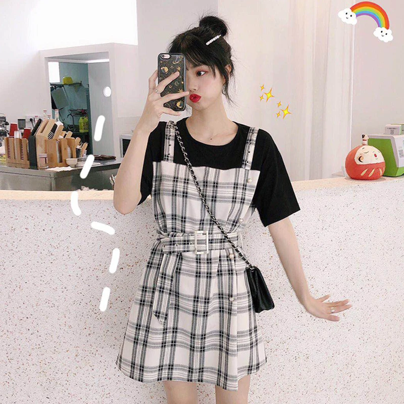 

Summer Women Fake Two Pieces Plaid Print Strap Dress Sundress Mori Girls High Waist Preppy Style Strappy A-line Dress Vestidos