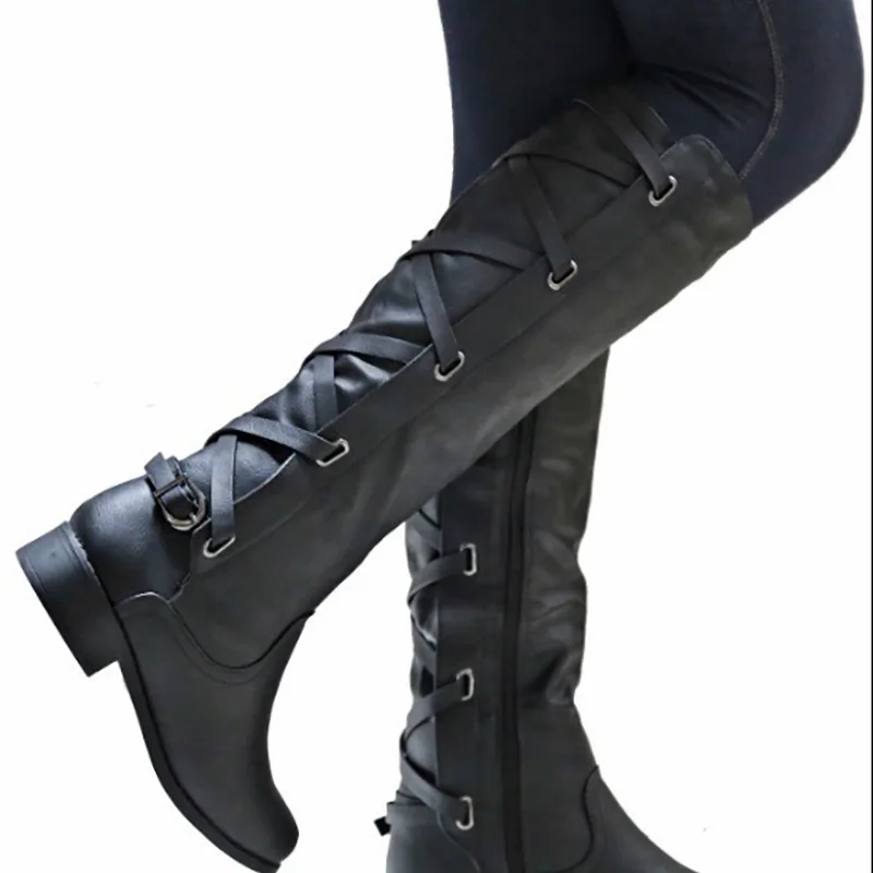 

Masorini Fashion Women PU Leather Knee-high Biker Boots Autumn Winter Female Metal Decoration Low Heel Zip Boots W-219