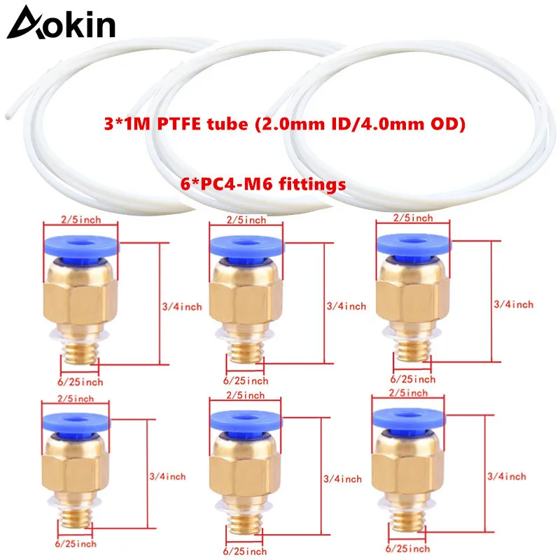 Aokin PTFE тефлоновая трубка с PC4-M6 пневматический прямой соединитель латунная часть для Mk8 3d принтер 1,75 мм нить M6 подача фитинг