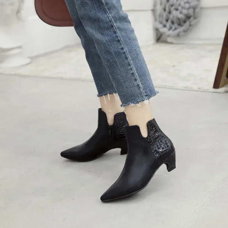 

Big Size 11 12 13 14 15 Ma'am Short boots Pure color Blue Patchwork Pointed Boot barrel High heel boots