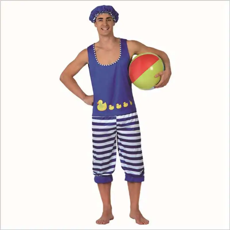 Blue Bathing Suits Men Bathing Suit Adult Swimsuit Stage Show Swimwear with Hat Cosplay Clothes