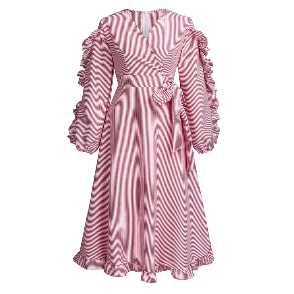 Женская одежда длинный рукав платье с оборками отделка Сплит полосатые розовые платья с поясом платье элегантные вечерние летнее платье, Халат
