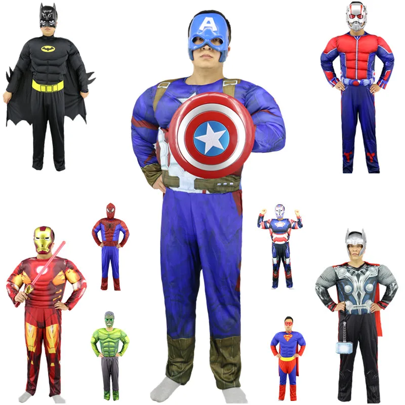 

Adult Men Muscle Captain America Thor Batman Hulk Spiderman Superman Cosplay Halloween The Avengers Costume Carnival Purim dress