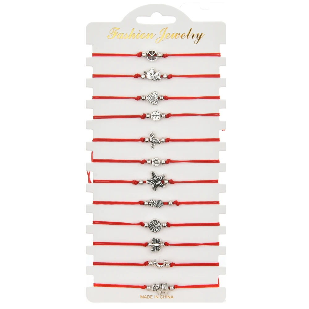 

12pcs/set Bohemian Love Charm Handmade Woven Bracelet Set Palm Turtle Adjustable Red Rope Chains Bracelet for Women Girl Jewelry