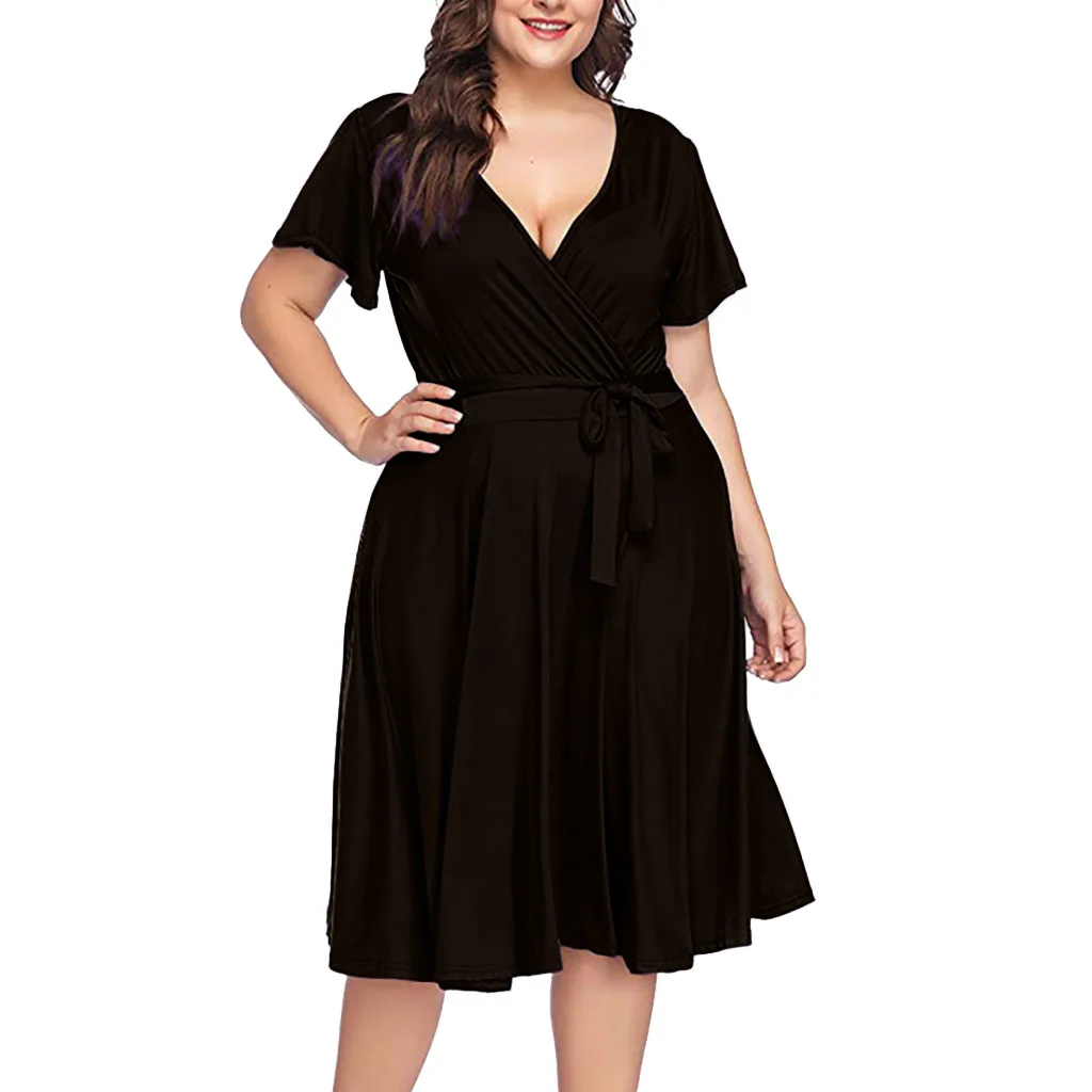 

Plus Size Beach Dresses Women Casual Short Sleeve V Neck Bow Tie Solid Party Beach Mini Dress Summer Sexy Loose Feminino #Y1
