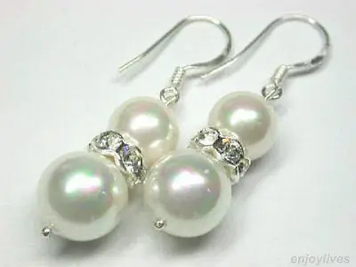 

A White South Sea Shell Pearl 925 Sterling Silver Crystal Hook Earrings