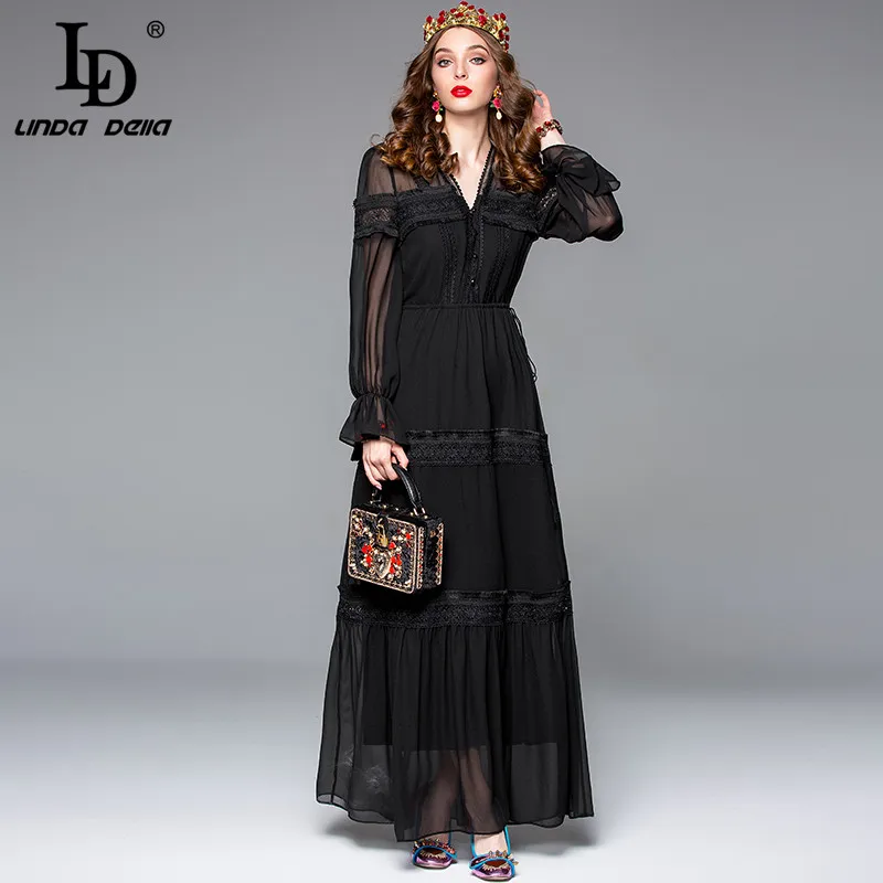

LD LINDA DELLA Black Dresses Women's Long Sleeve Sexy V Neck Gorgeous Floral Embroidery Gown Long Dress Elegant Party Dresses