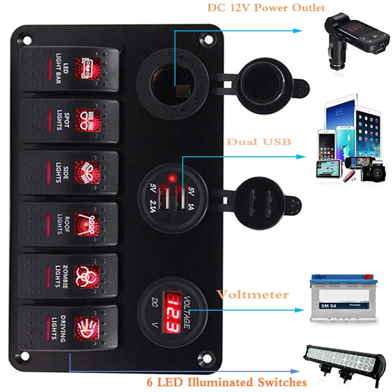 

12V 24V Switch Panel for Car Boat Marine Cigarette Lighter Socket Dual USB Socket Charger 2.1&1A LED Voltmeter 12V Power Outlet