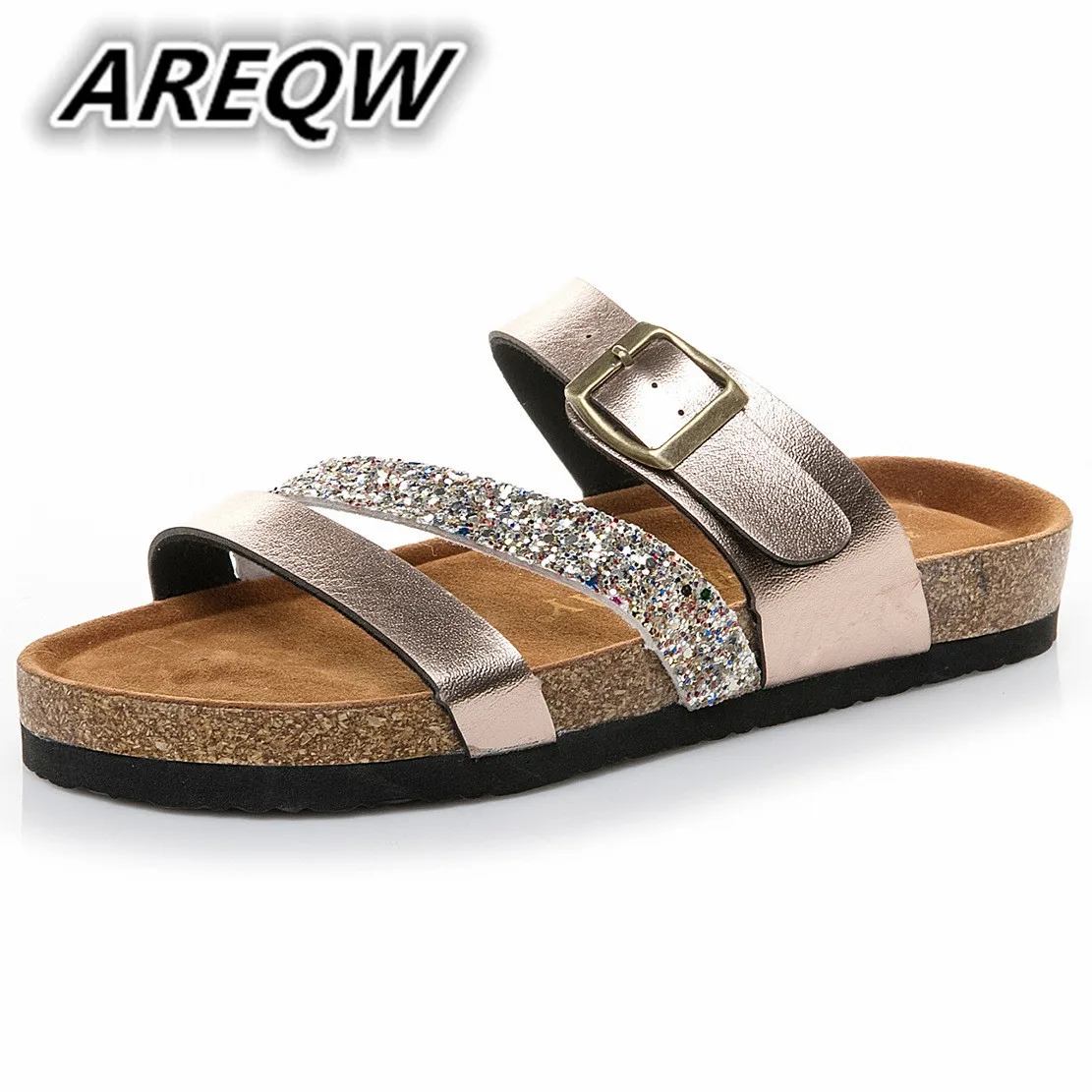 

2019 New Color Matching Sequins Beach Cork Ladies Slippers Fashion Open Toe Flat Roman Women's Slippers