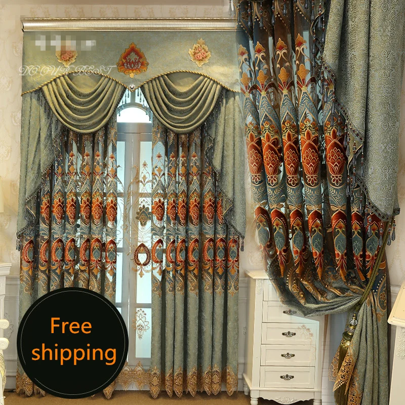 

Custom curtains High class European hollow chenille luxury water soluble embroidery cloth blackout curtain tulle valance N264