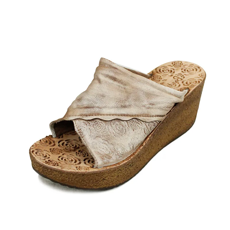 

2019 leather sandals and slippers ladies new handmade wedges flowers fish mouth summer first layer leather female shoes