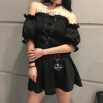 

Women New Summer Slash Neck Sexy Shirts Puff Sleeve Ballet Lace Up Blouse Crop Tops Cross Straps Ruffled Black Dark Gothic Shirt