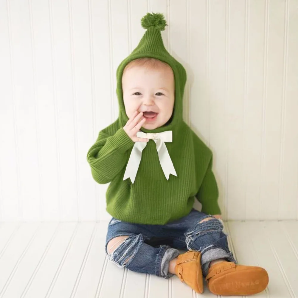 

2018 Cute Newborn Infant Baby Girl Boy Knitted Sweater Green Hooded Long Sleeve Jumpsuit Hooded Kid Toddler Outerwear