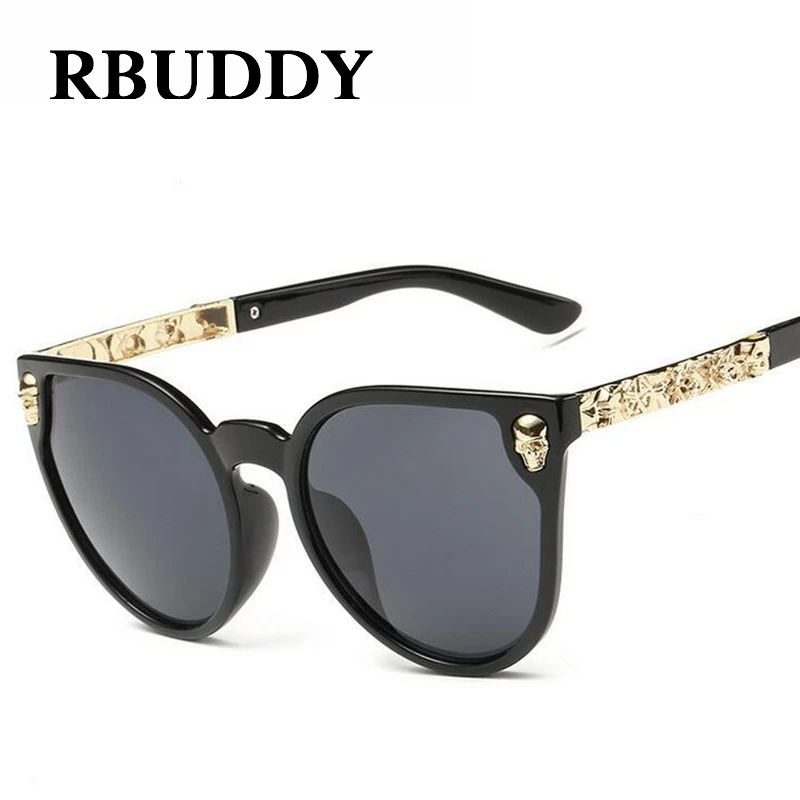 

RBUDDY Fashion Women Gothic Eyewear Skull Frame Metal Temple Brand Desinger Female Cool Gold Sun glasses Oculos de sol UV400